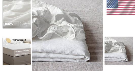Durable Queen Linen Fitted Sheet - 14" Deep Pocket for Secure Fit - White