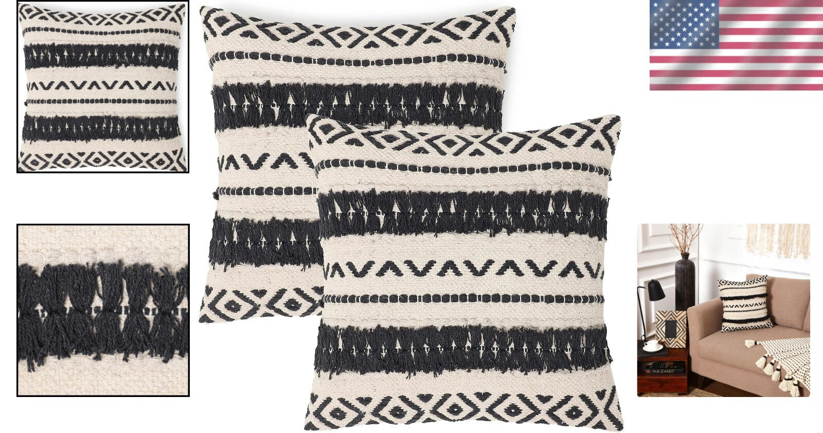 Elegant Handmade 18x18 Boho Throw Pillow Covers - Set of 2 with Zipper Closure