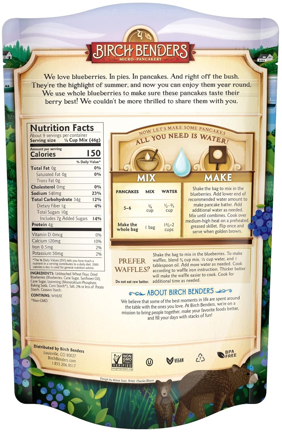 Delicious Blueberry Pancake & Waffle Mix - Family Size, 14 oz Pouches, Pack of 6