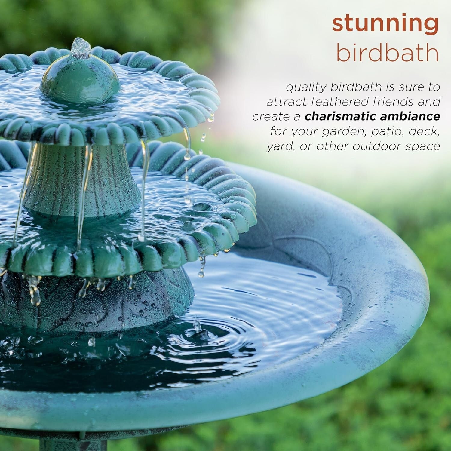 Elegant 3-Tier Pedestal Water Fountain & Birdbath, 35" Green Outdoor Feature