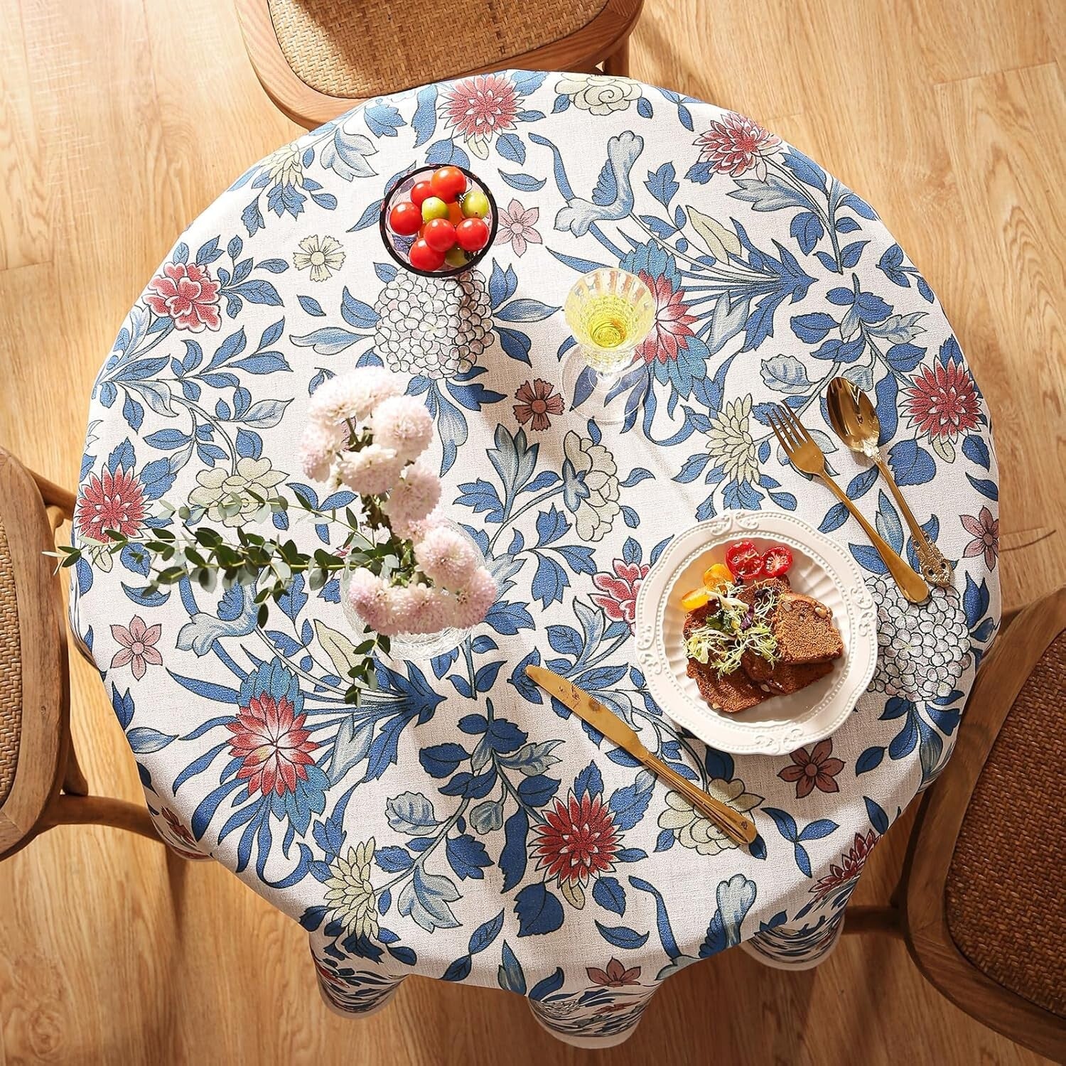 Designer Round Tablecloth with Leaves and Flowers Pattern - 55" All-Season Use