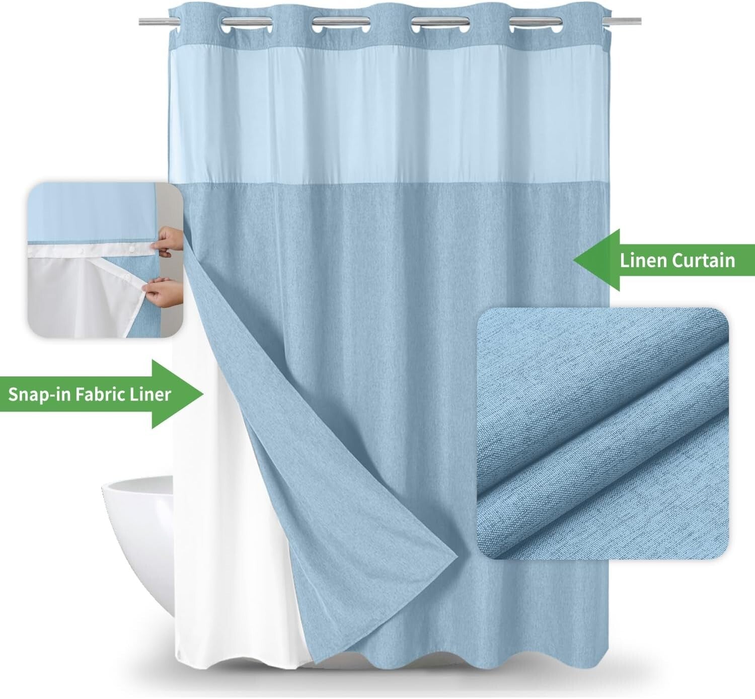 Elegant Fog Blue Shower Curtain with Detachable Liner - Spa Experience at Home