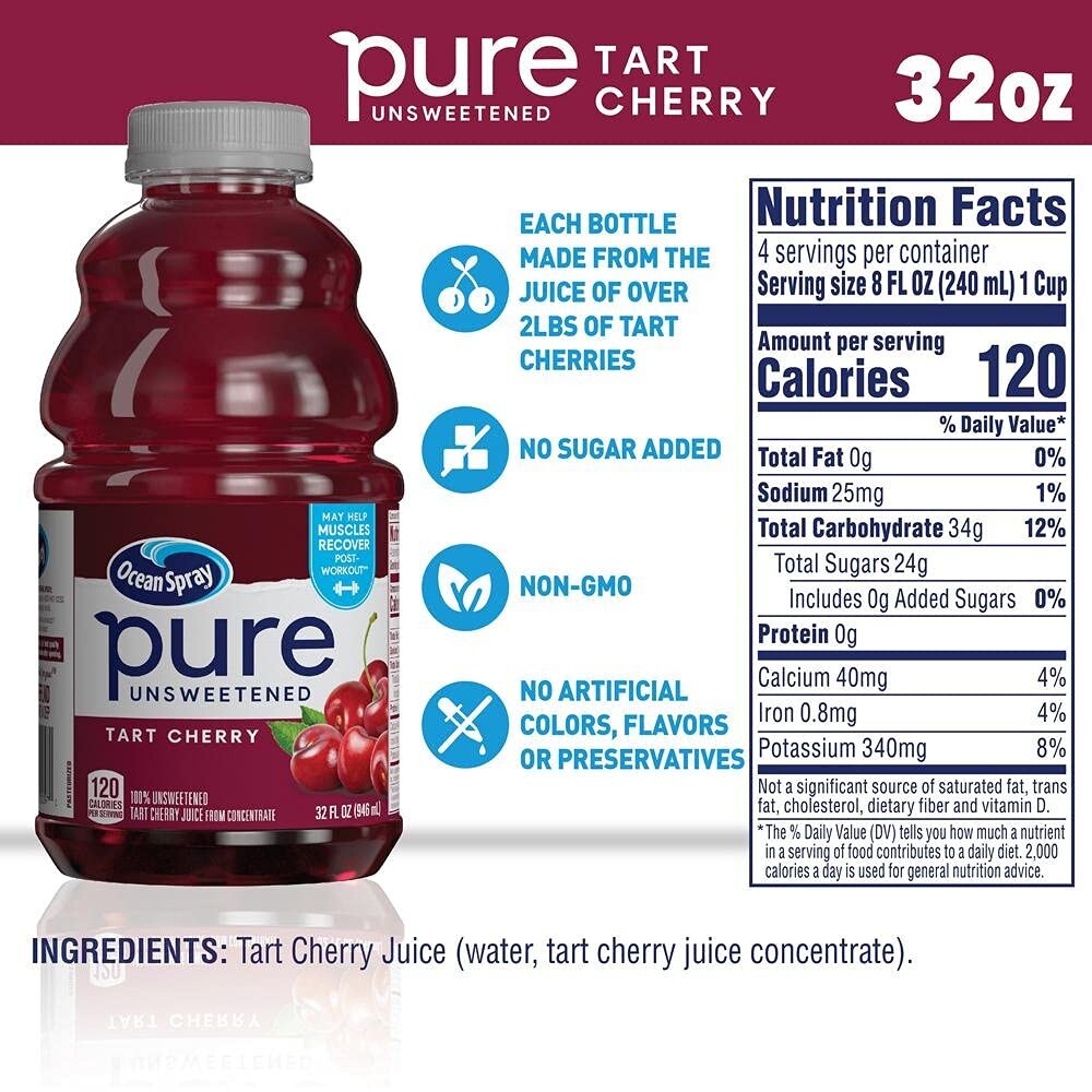 100% Pure Tart Cherry Juice, 32 Fl Oz Bottles - Pack of 8 for Optimal Health