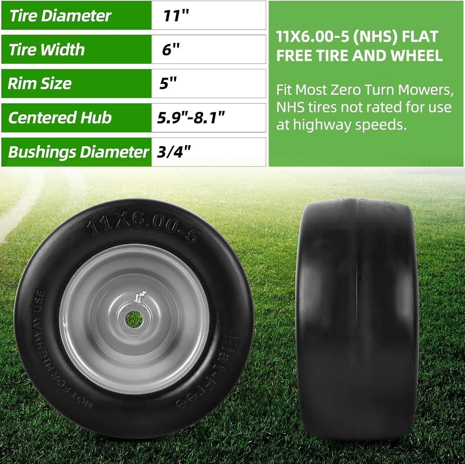 11" Flat-Free Lawn Mower Wheel & Tire Set - Includes Bushings & Spacers