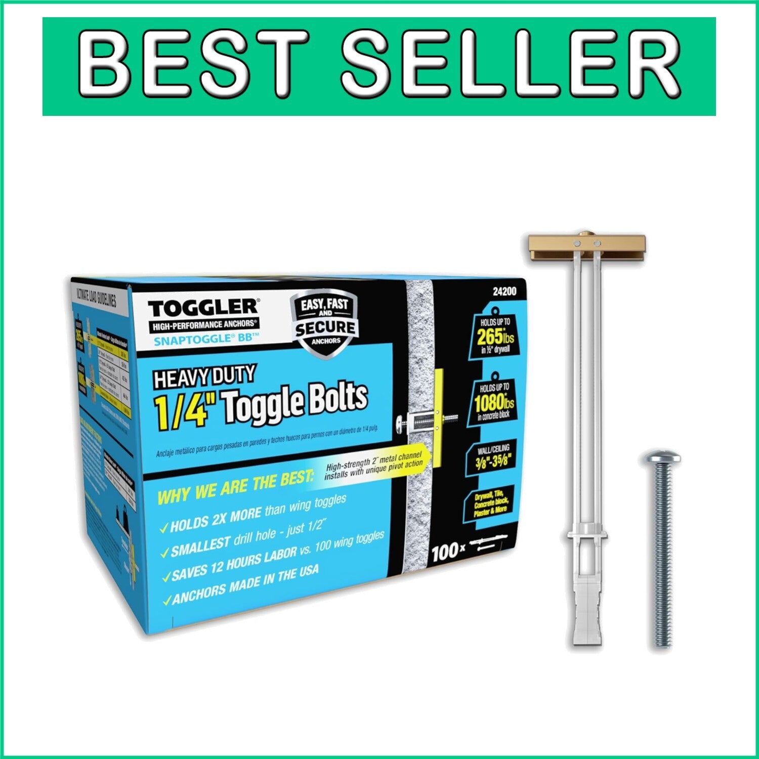 Durable 100-Pack 1/4-in Toggle Bolts - Reusable Drywall Anchors for Heavy Loads