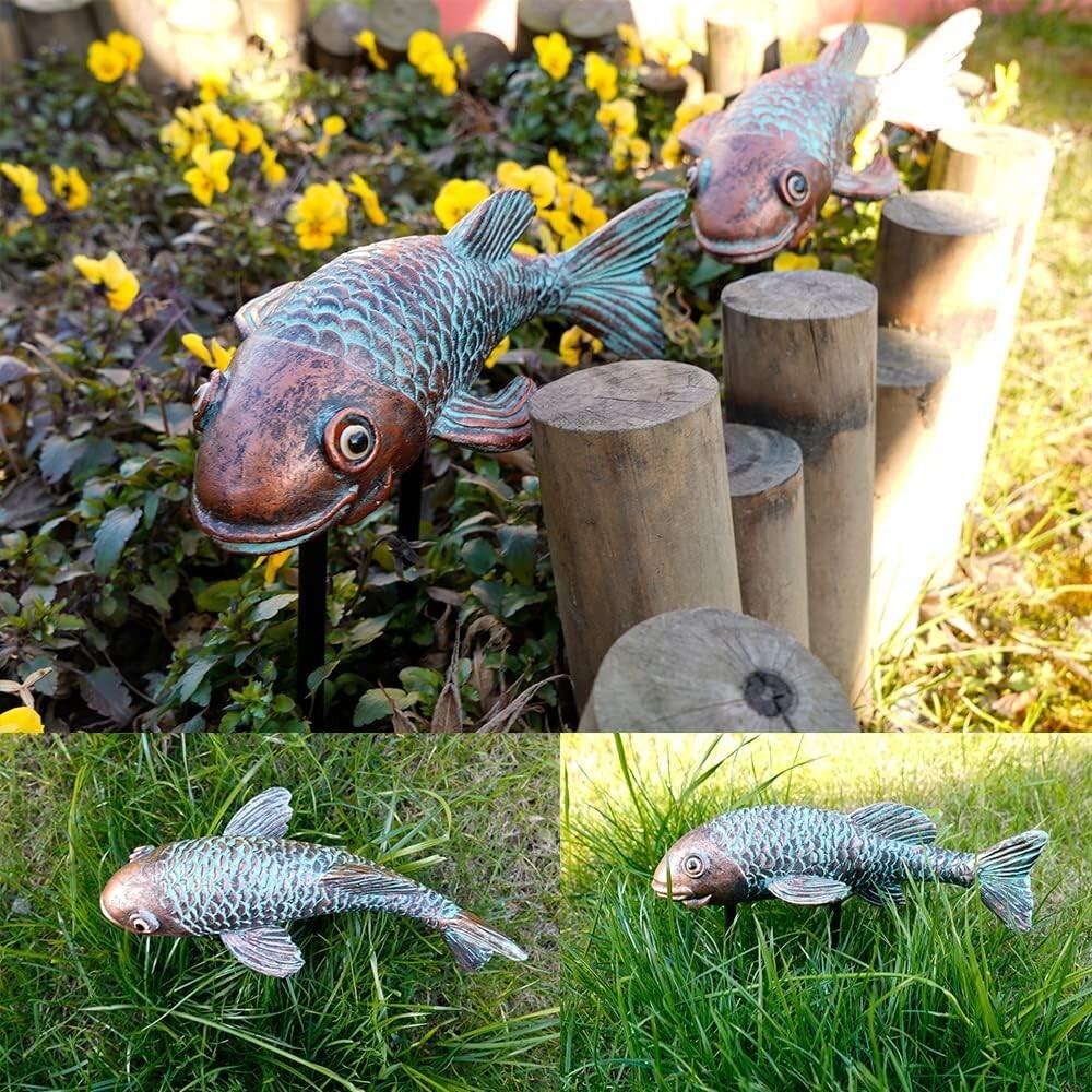 Unique Antique Koi Fish Garden Statues with 2 Iron Poles - Indoor & Outdoor