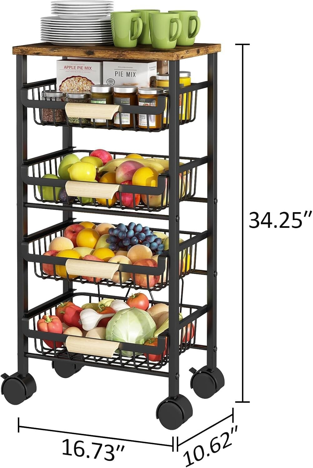 Rolling Vegetable Storage Cart with Wooden Top - 4 Tier Organization for Kitchen