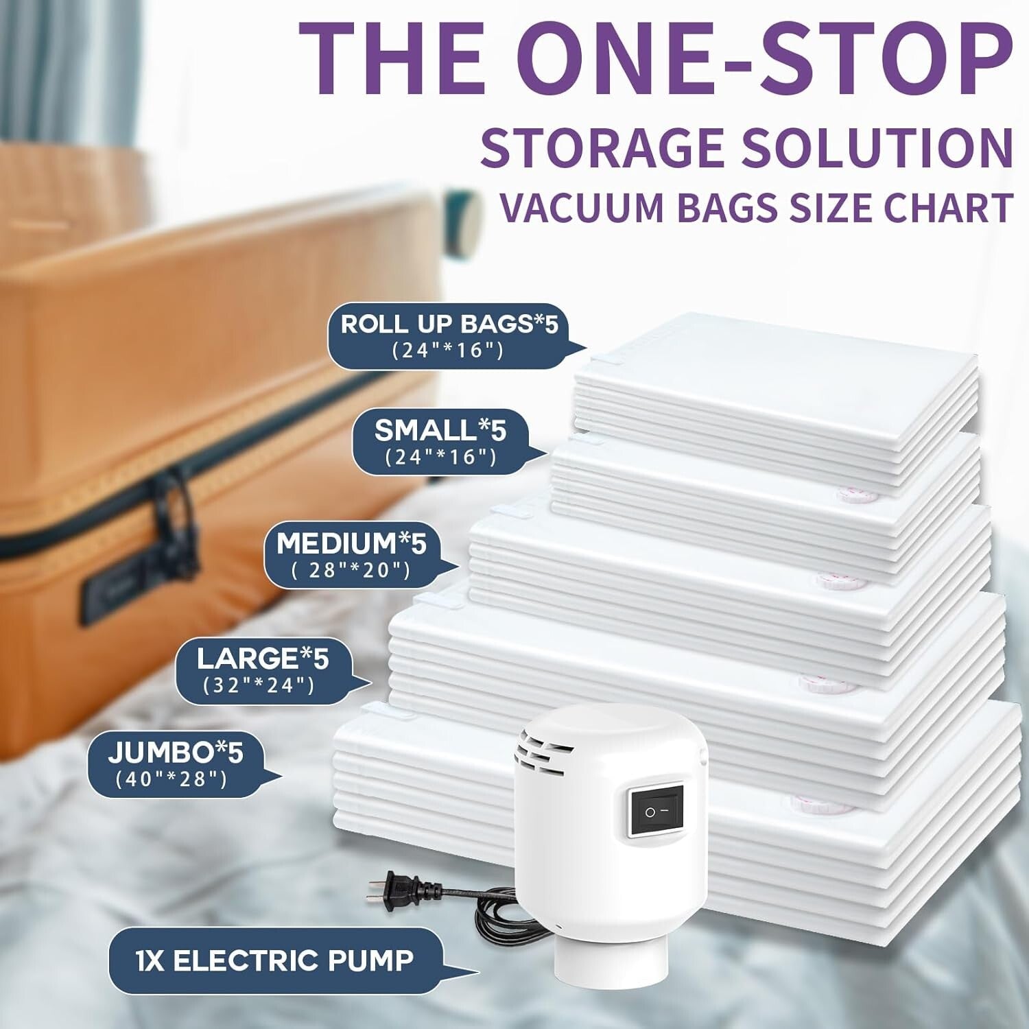 Heavy-Duty Vacuum Seal Bags Set (25), 5 Sizes + Electric Air Pump Included