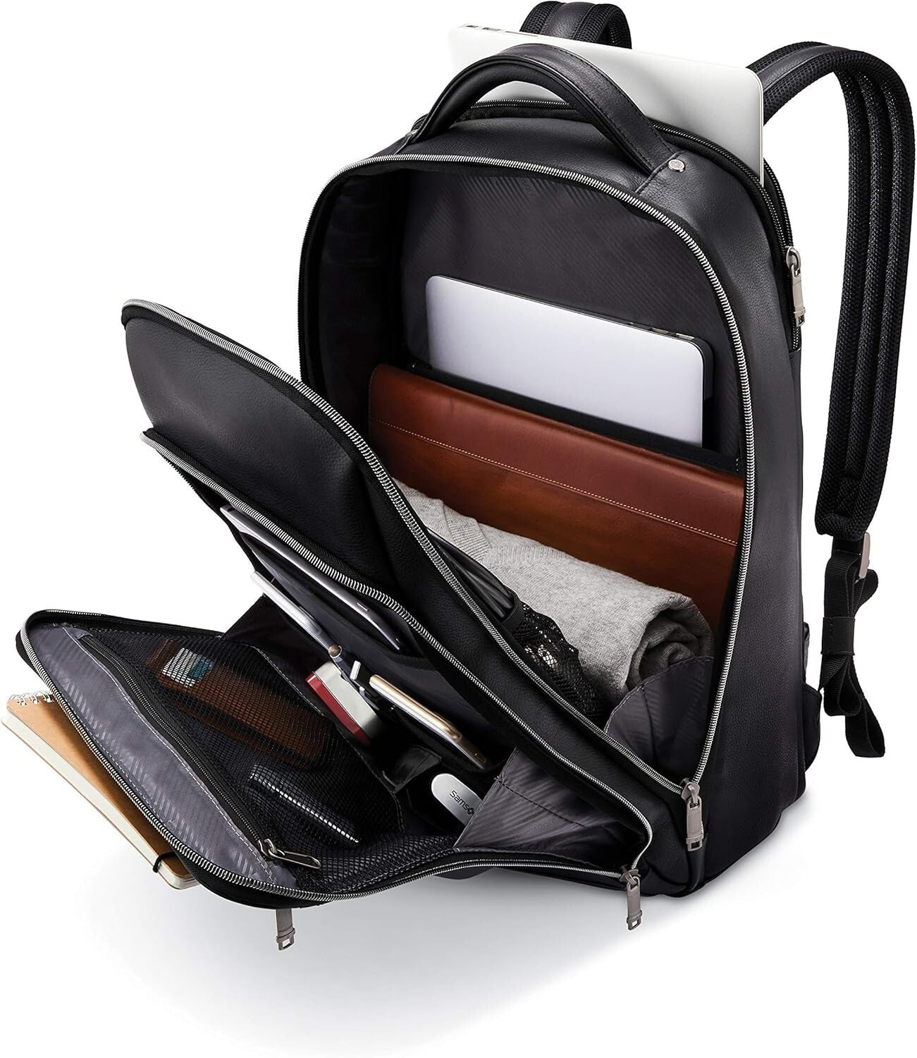 Classic Black Leather Laptop Backpack - Stylish & Spacious for Professionals
