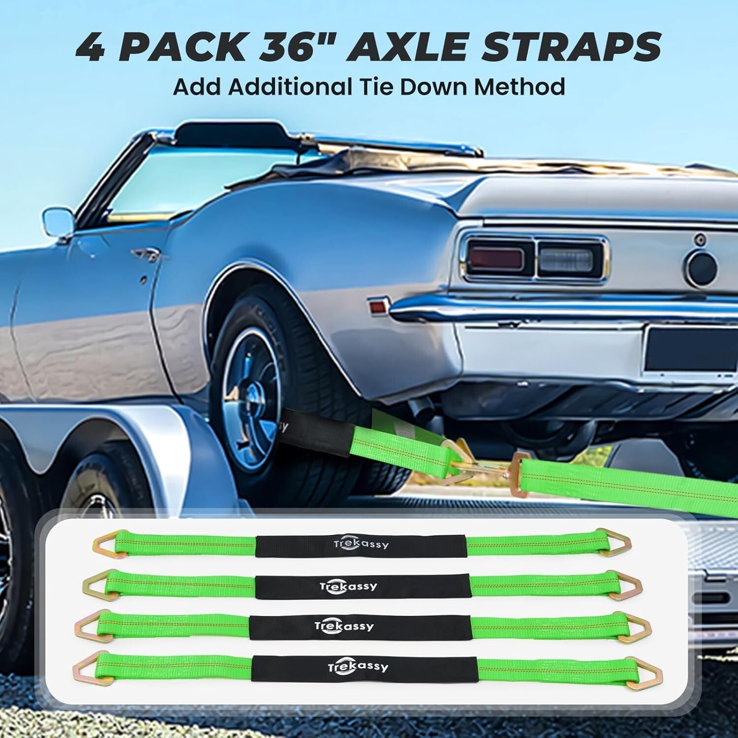 All-in-One Car Tie Down Strap Kit - 10K Break Strength, 4 Ratchet & Axle Straps