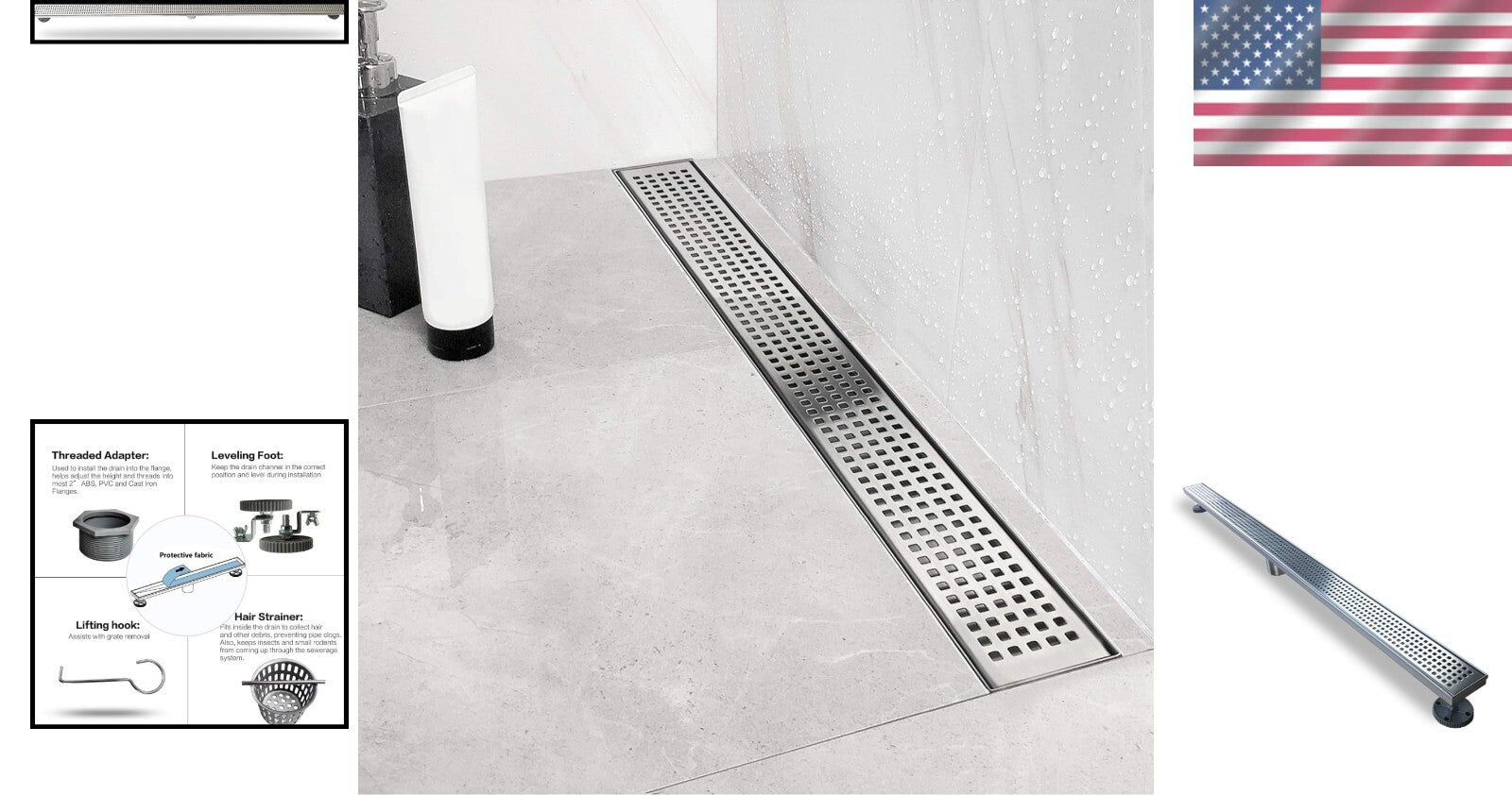 Elegant Brushed Stainless Steel Shower Drain - 48'' Linear with Adjustable Feet