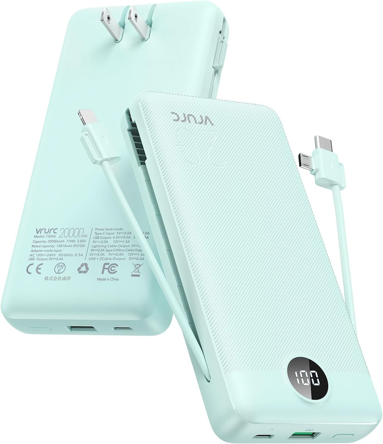 Green Travel Power Bank 20000mAh with Fast Charge & Smart Display for Devices