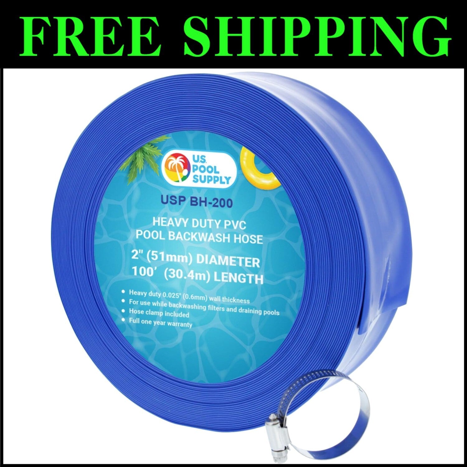 Heavy-Duty Pool Backwash Hose 2" x 100' with Clamp - Flexible Drainage Solution