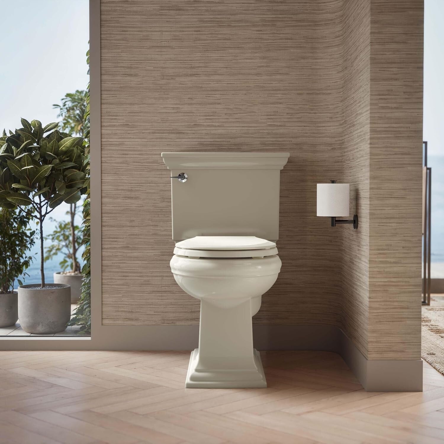 Modern Almond Round Toilet Seat with Grip-Tight Bumpers and Quiet-Close Lid