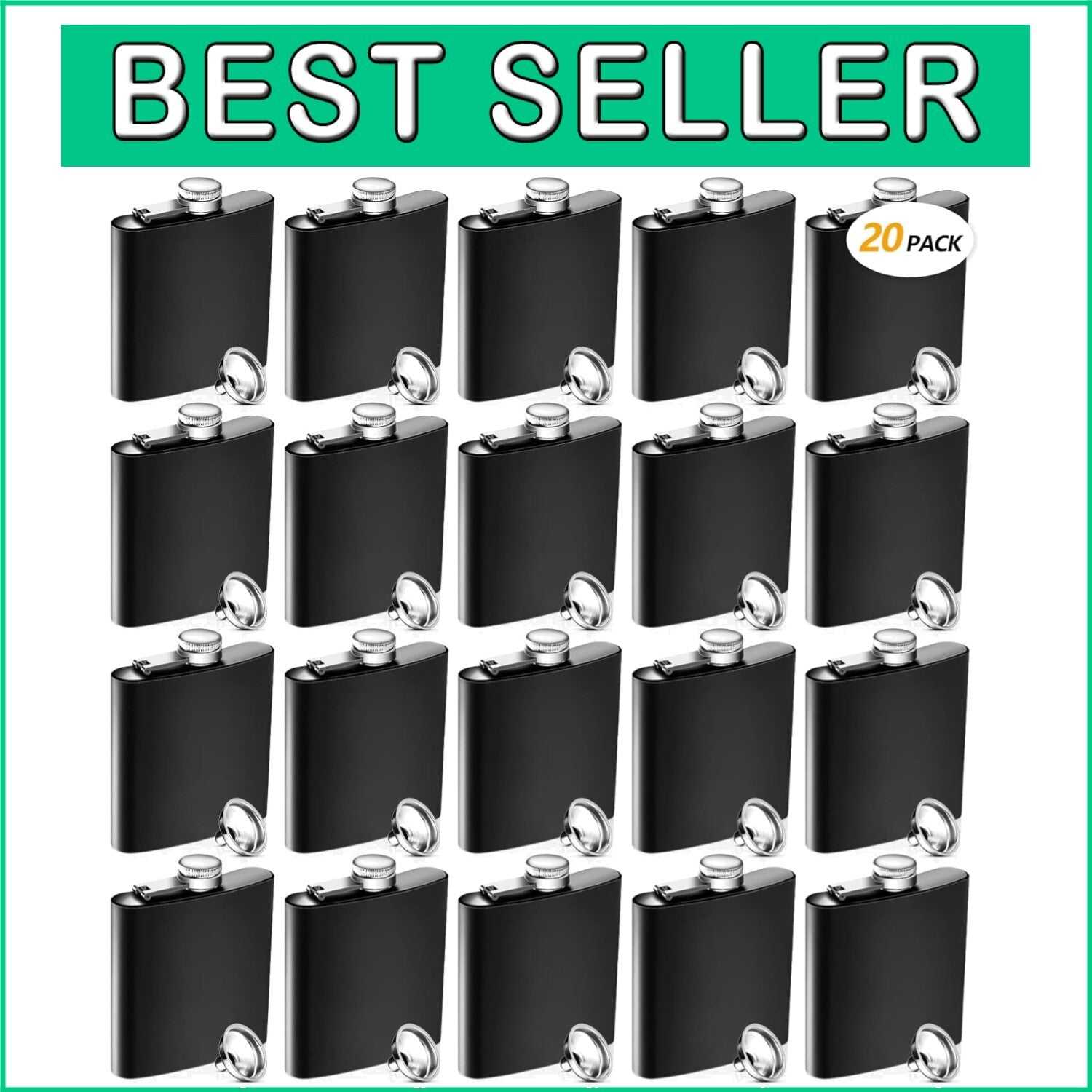 20-Piece Matte Black Stainless Steel Hip Flask Set with Funnels - Leak Proof