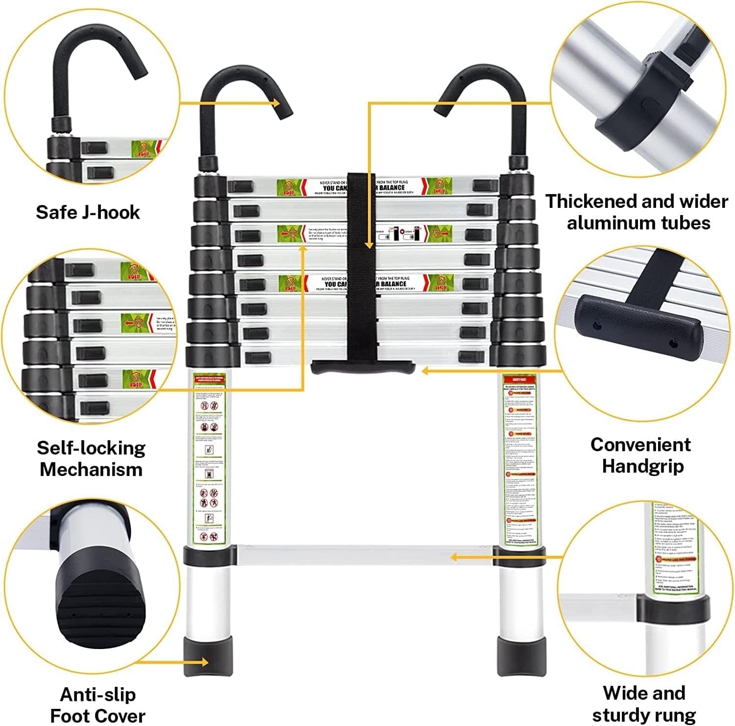 16.5FT Telescopic Aluminum Ladder with Double Hooks & Non-Slip Feet, 330lb Cap