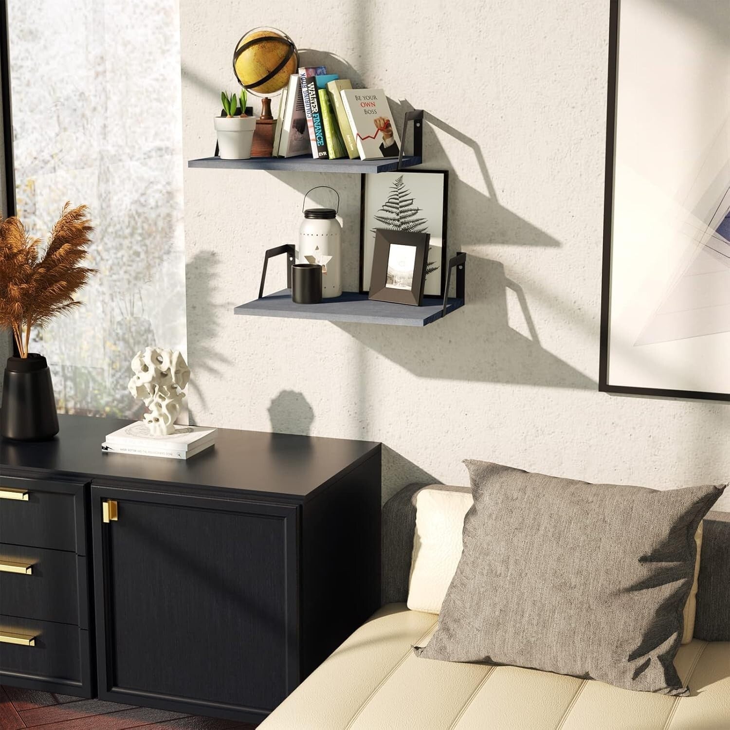 Rustic Floating Shelves Set of 2 - Weathered Gray Wood with Large Capacity