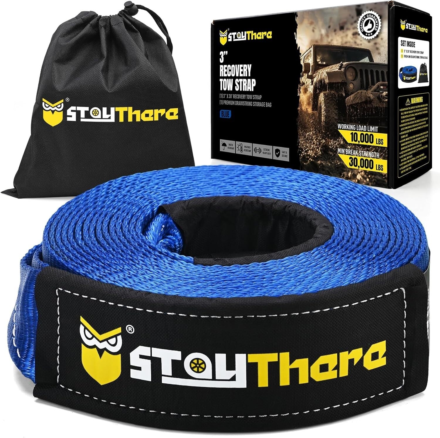 Heavy-Duty 3'' x 30 ft Recovery Tow Strap - 30,000 lb Capacity with Storage Bag