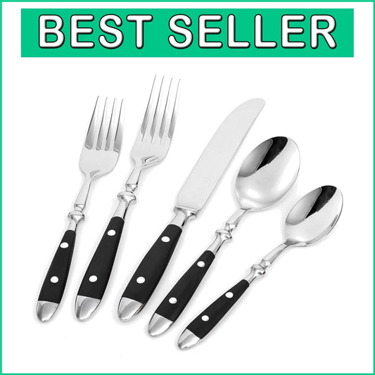 Everyday Black Handle Flatware Set - Mirror-Finished 20-Piece Cutlery for 4