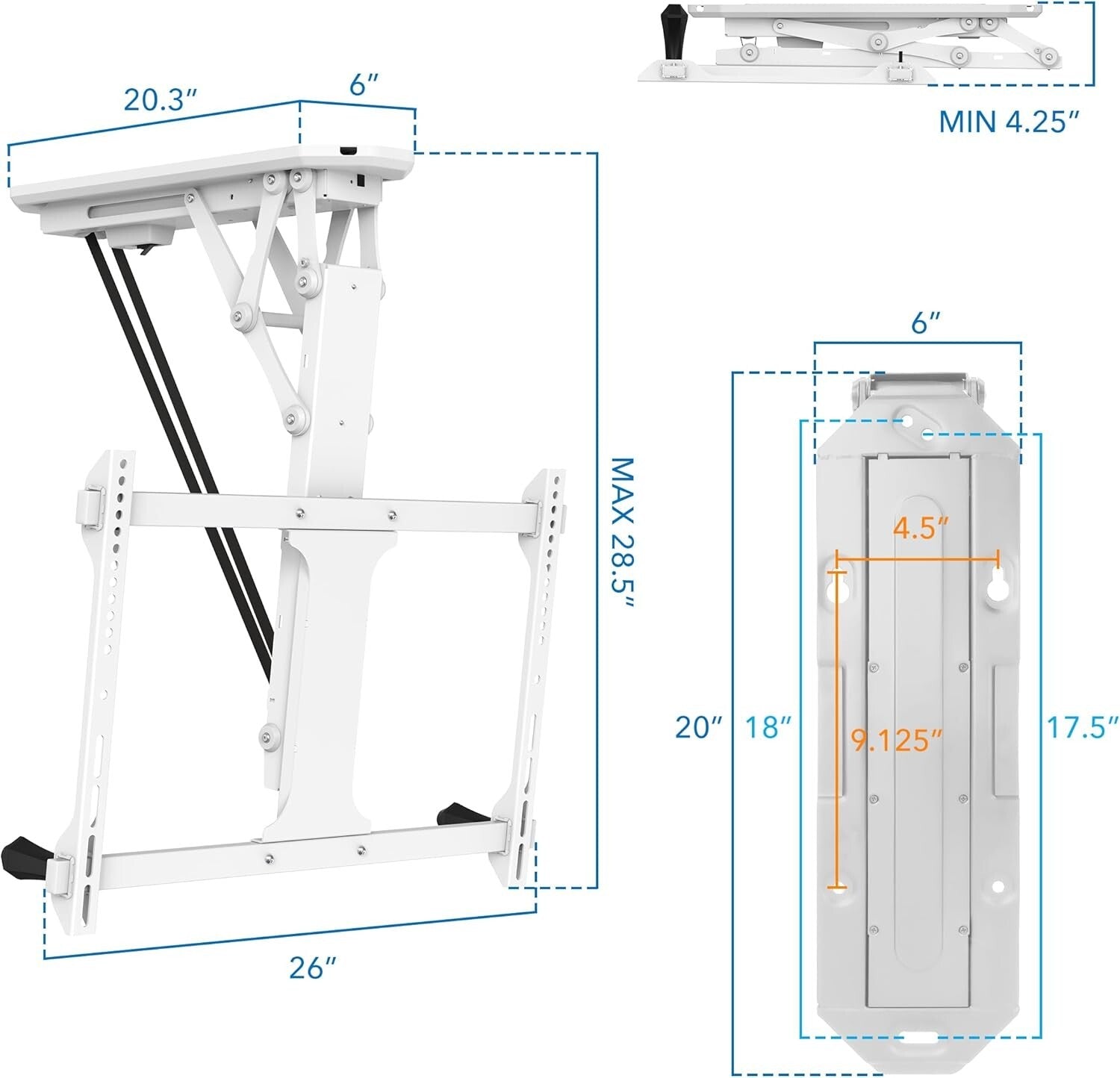 Premium White Electric Ceiling TV Mount - 75 Degree Tilt for 32-70 Inch TVs