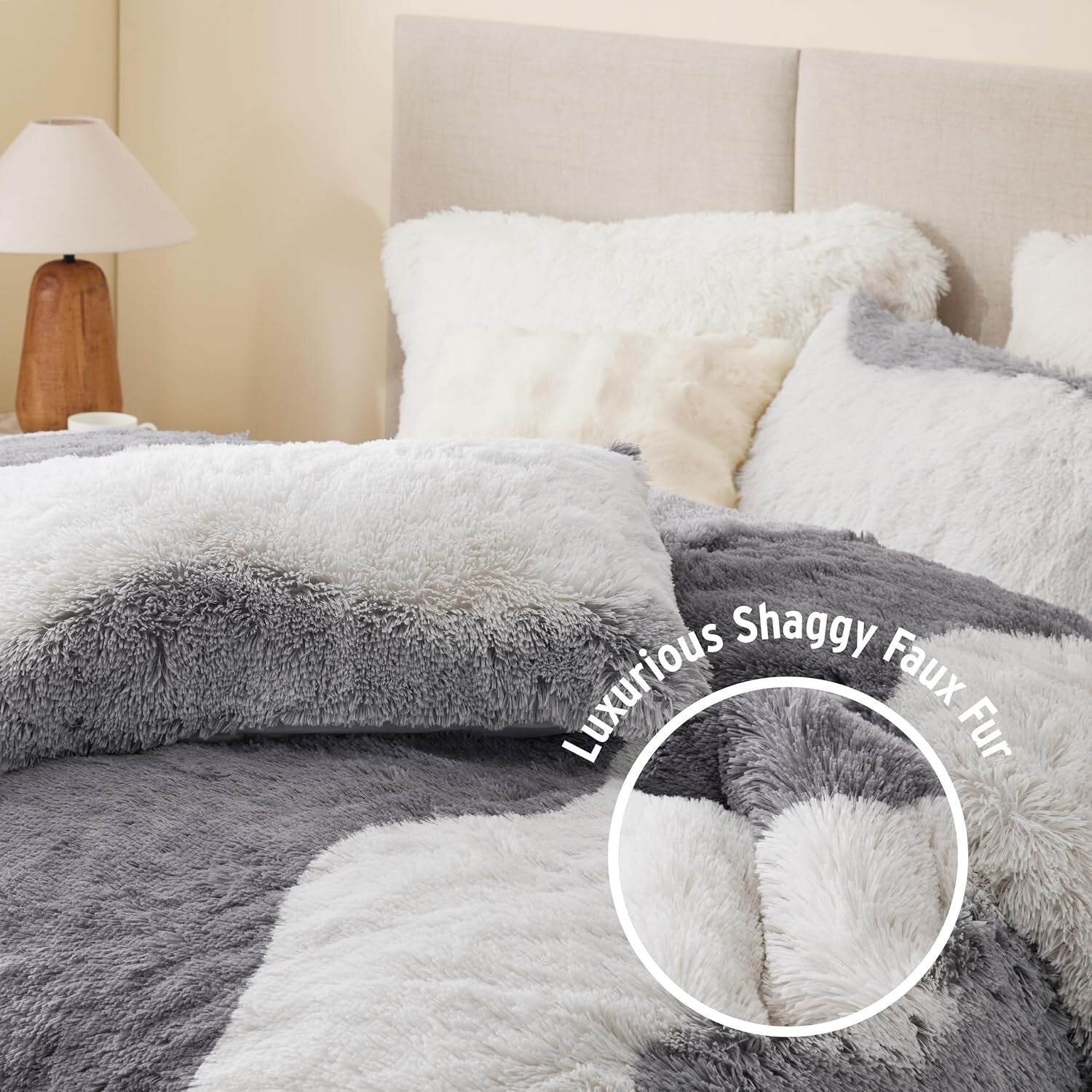 Oeko-Tex Certified Shaggy Faux Fur Comforter Set in Stylish Grey Ombre, 3-Piece