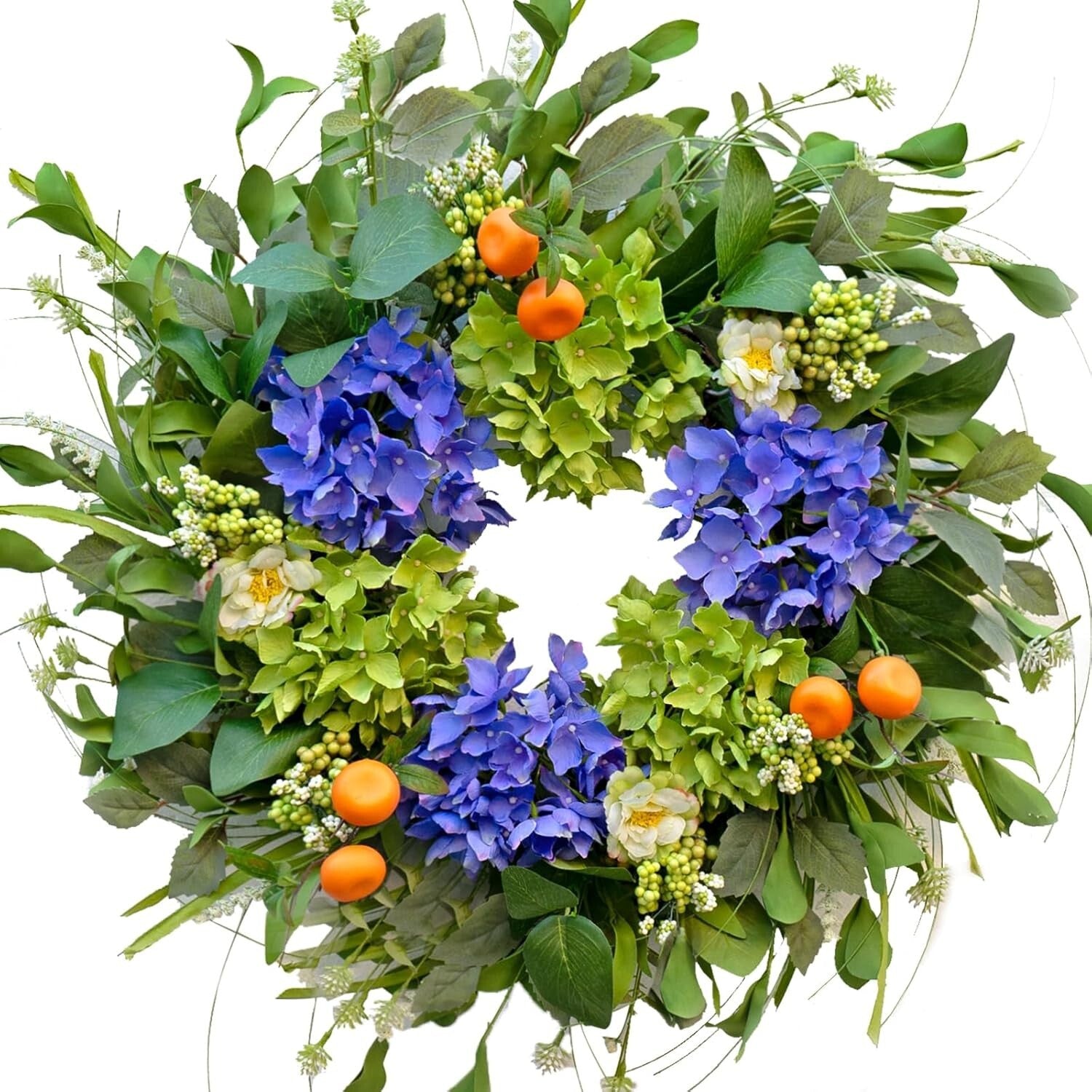 Elegant 22'' Round Wreath with Hydrangea & Realistic Oranges for All Seasons