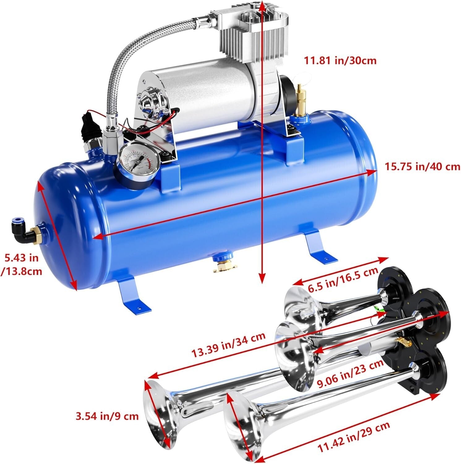 4 Trumpet Train Horn System with 150DB Sound - Portable Air Compressor Included