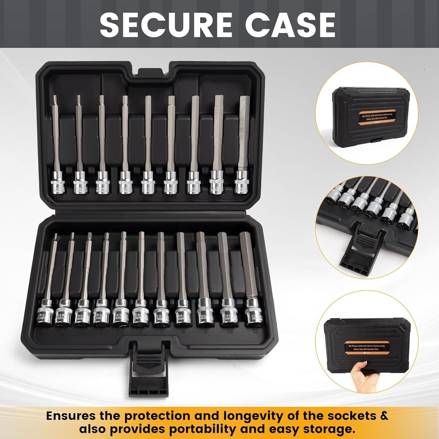20PC Extra Long Allen Hex Socket Set - Chrome Vanadium Steel with Case