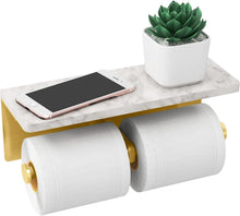 Load image into Gallery viewer, Modern Brushed Gold Toilet Paper Holder with Marble Shelf for Stylish Washrooms