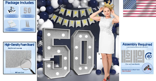 DIY Light-Up Number 50 - Silver Foam Decoration for Birthday or Anniversary