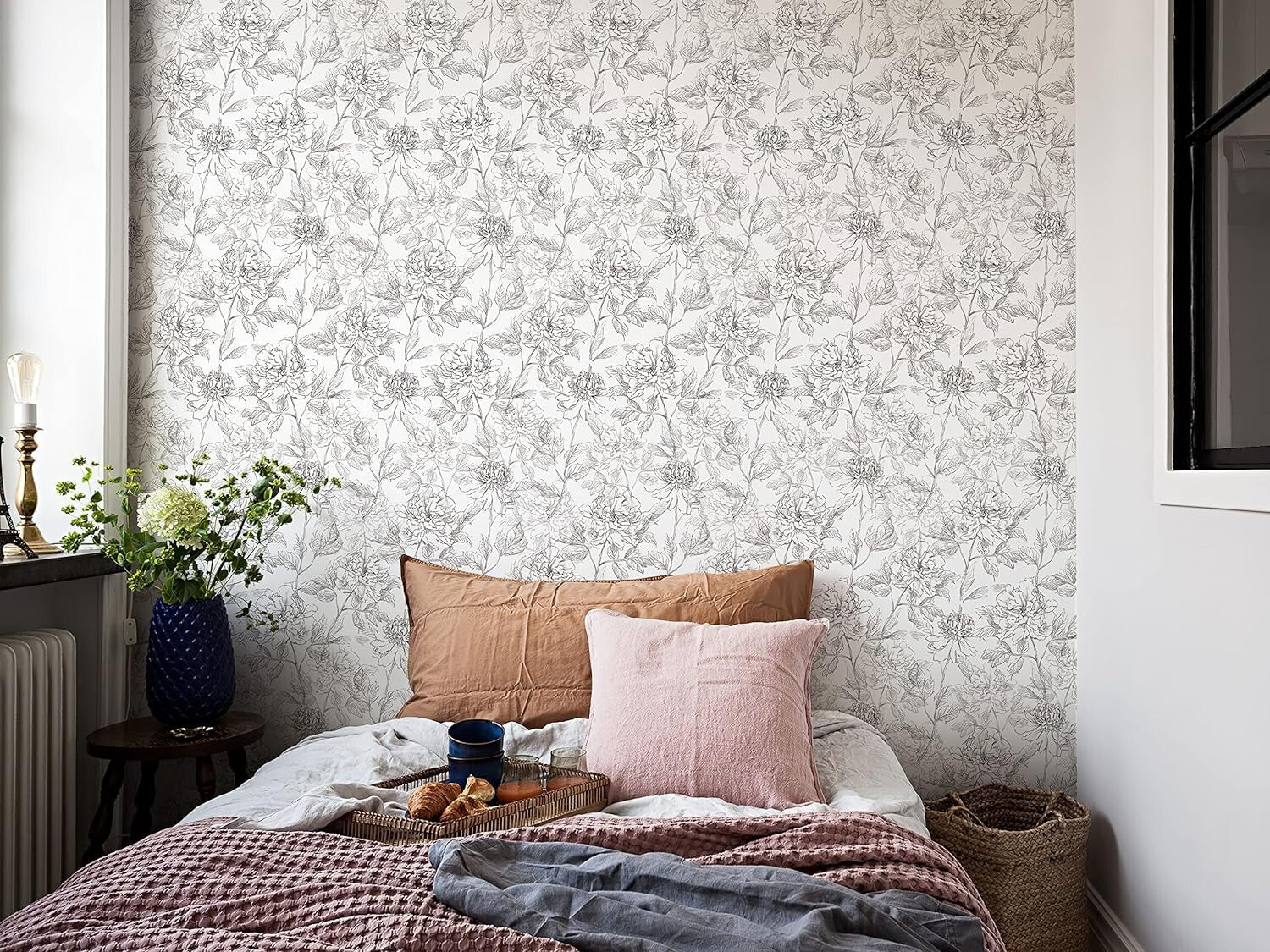 Removable Black and White Floral Wallpaper - Easy Install Peonies Design 43 SQFT