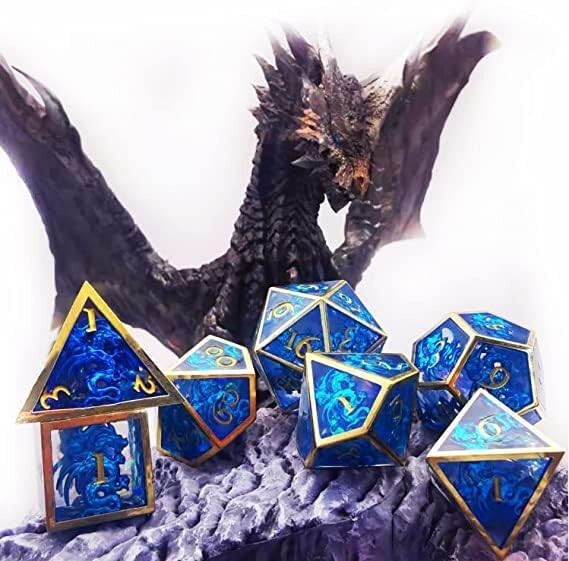 Eco-Friendly Blue Dragons Polyhedral Dice Set - 7 Hollow Metal/Resin Variety