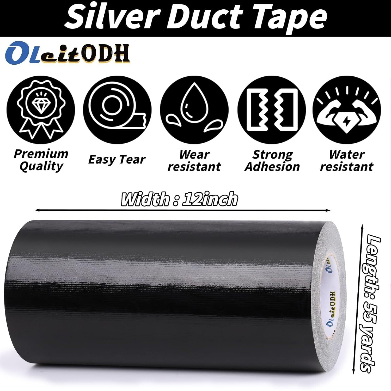 Black Duct Tape 12 Inch, 2 Rolls of Flexible All-Weather Adhesive for Repairs