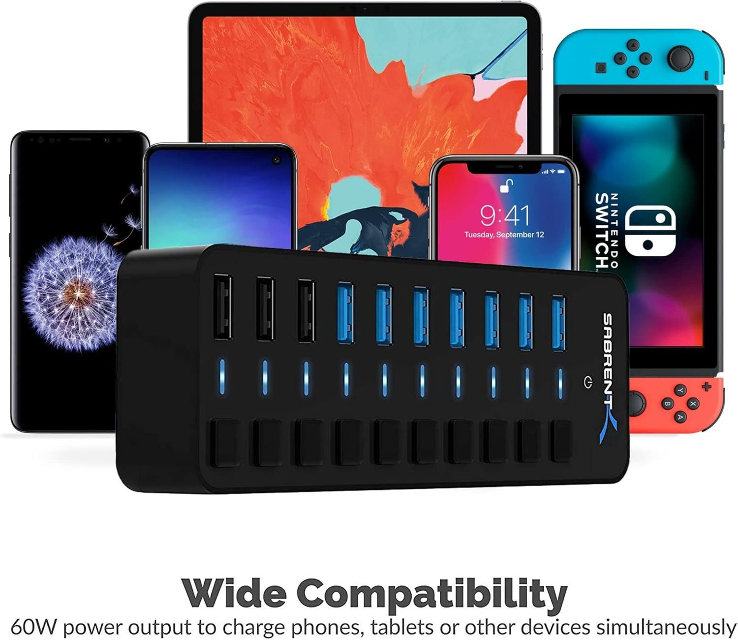 Advanced 10-Port USB 3.0 Hub - Features 3 Efficient Charging Ports & LED Status