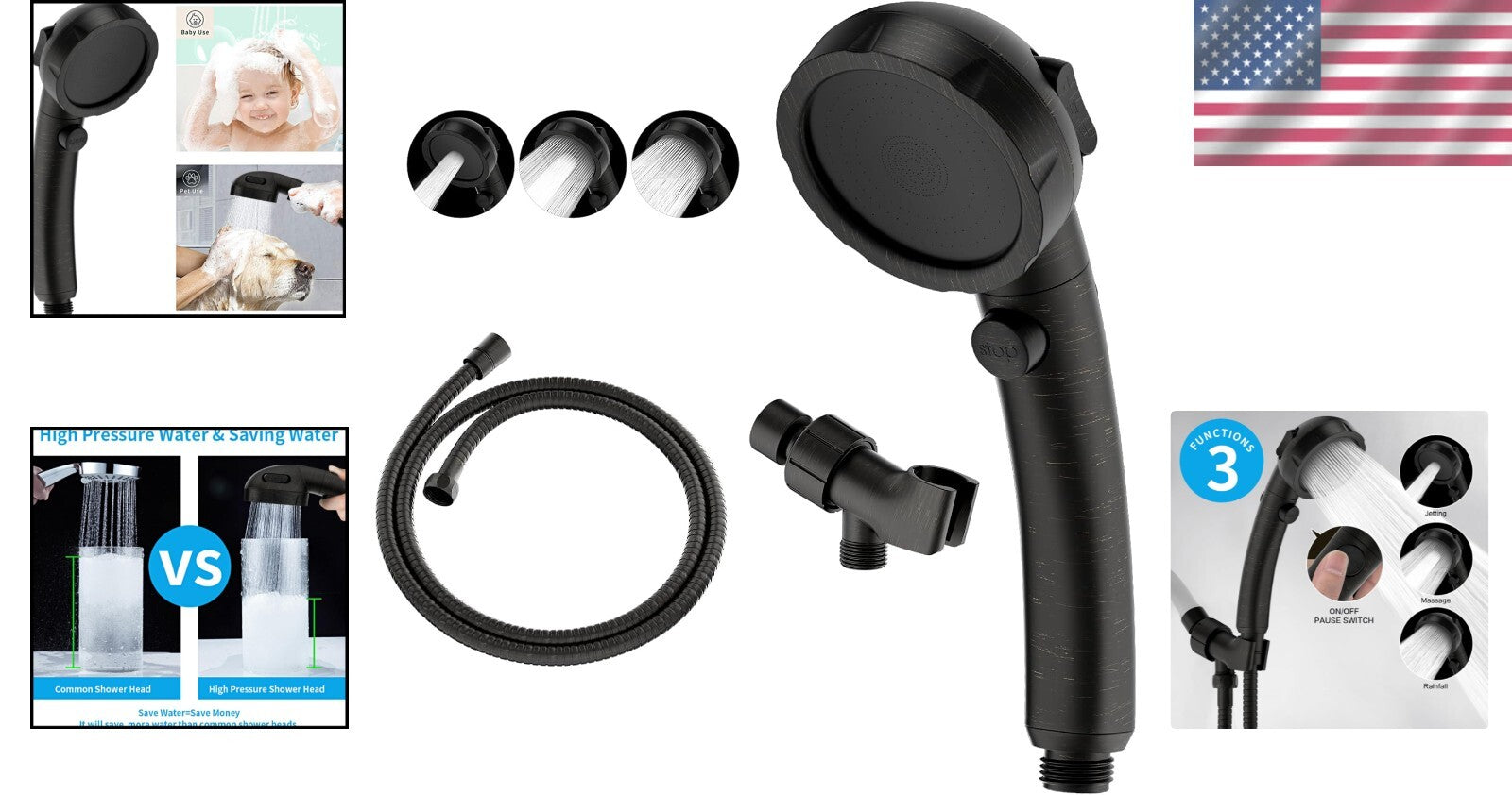 3-Mode Handheld Shower Head with Adjustable Bracket in Oil-Rubbed Bronze Finish