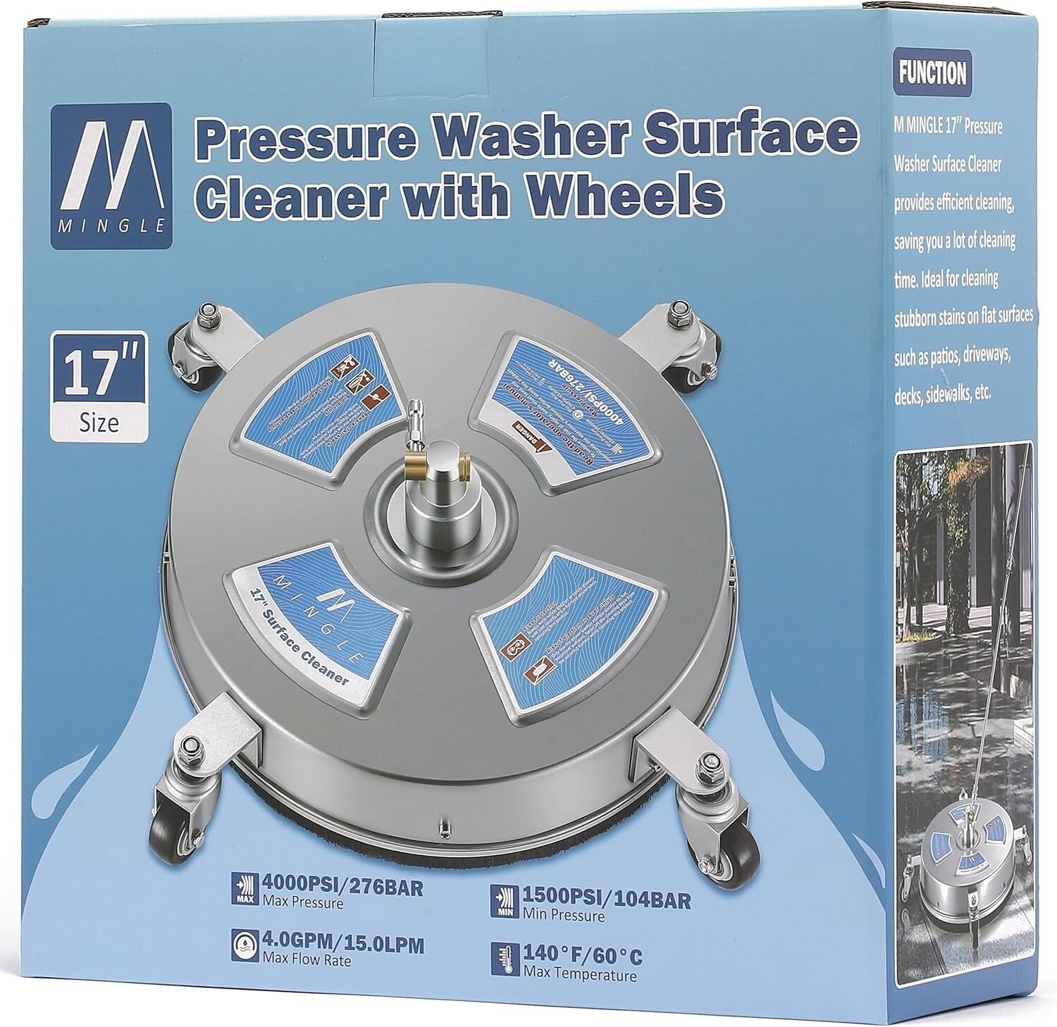 17'' Surface Pressure Washer Cleaner with 4 Wheels & High Flow Rate for Decks