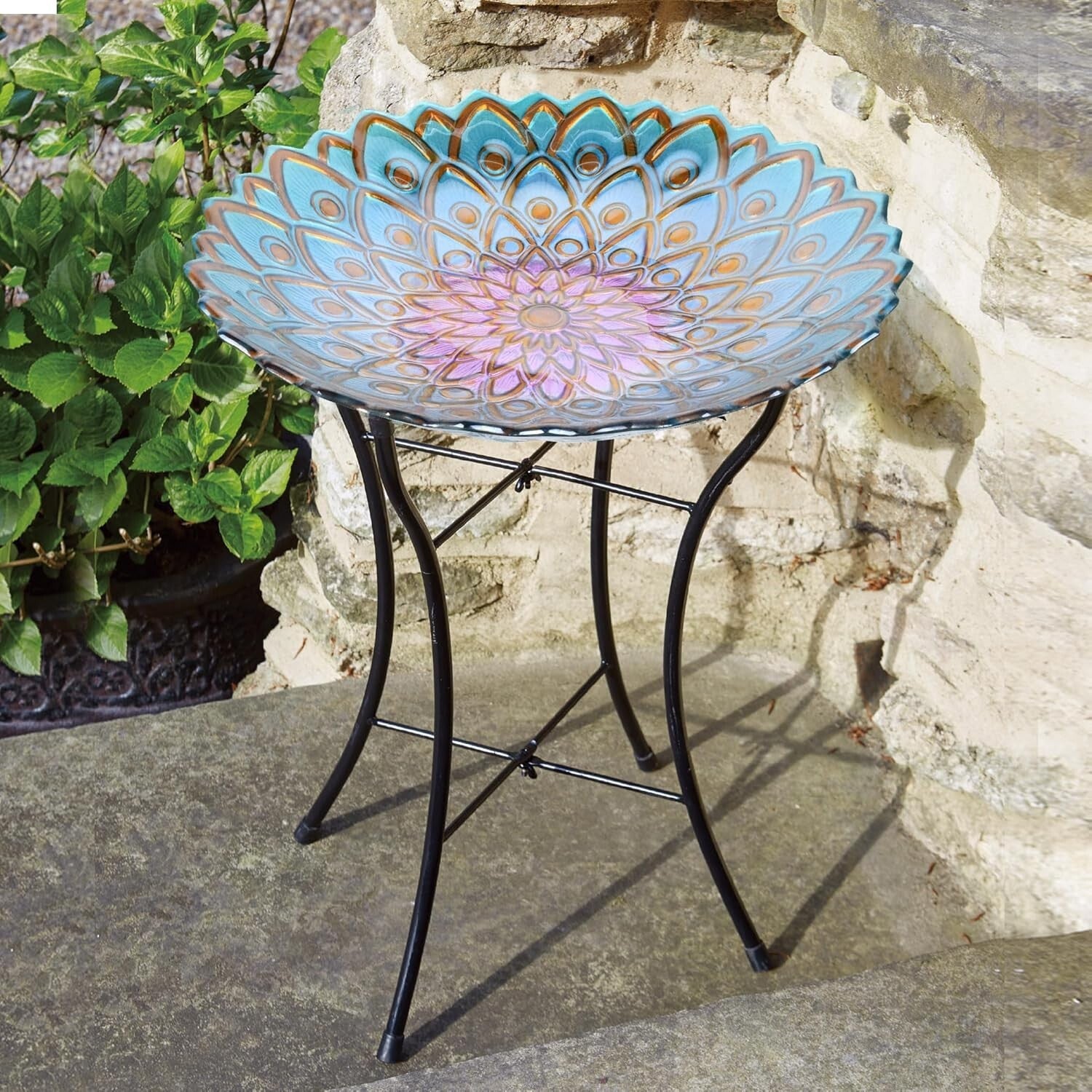 Elegant Bird Bath with Foldable Stand - 21" Handpainted Mosaic in Blue & Purple