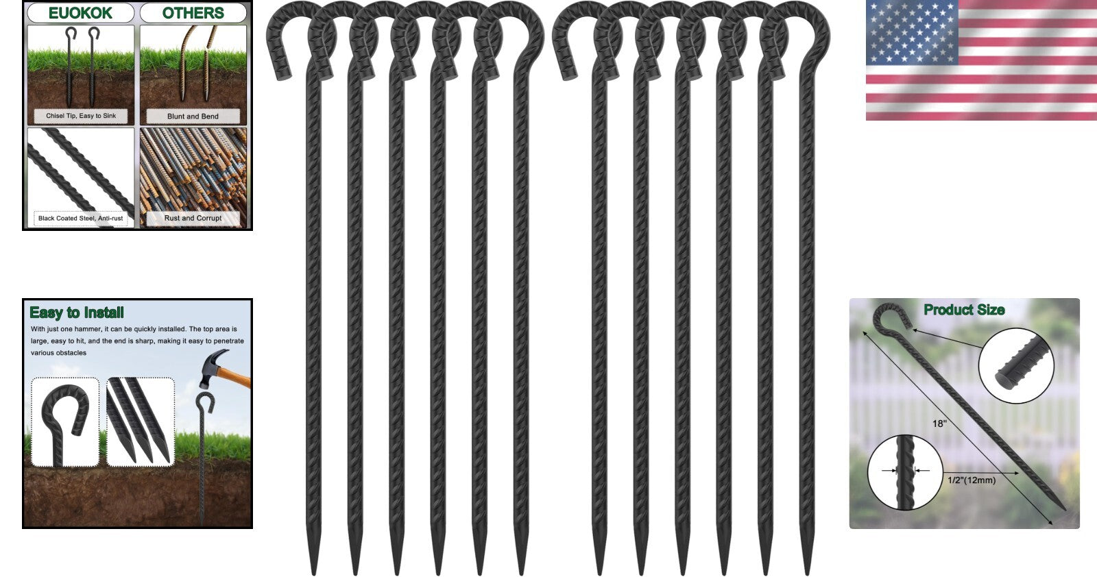 Durable 12 Pack of 18" Heavy Duty Rebar Stakes with Loop for Tents & Fences