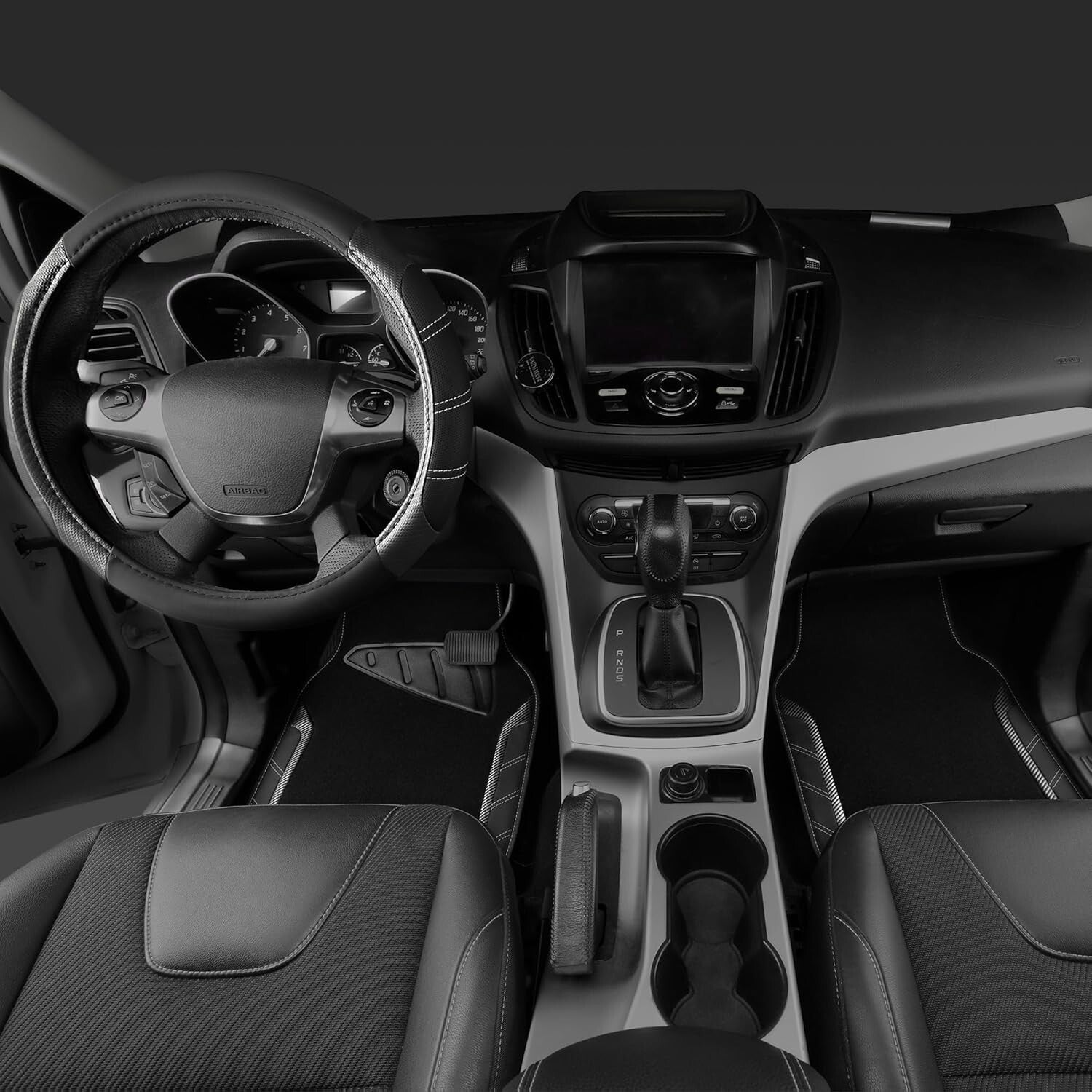 Carbon Fiber Black Steering Wheel Cover & Waterproof Car Mats for All Vehicles