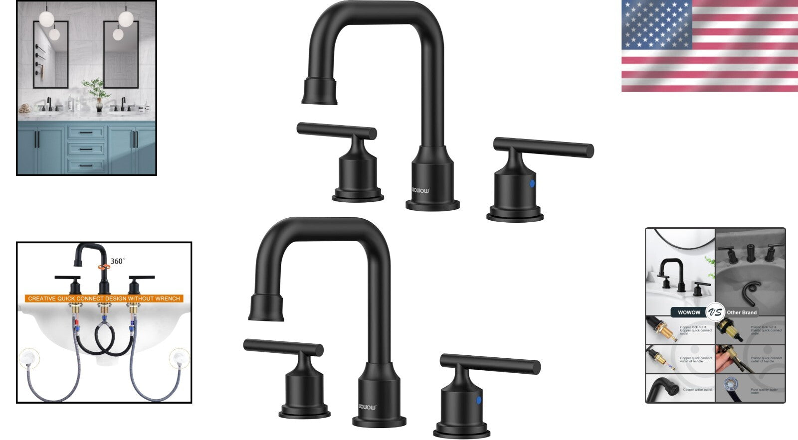Matte Black 3-Hole Widespread Bathroom Faucet with 360 Swivel Spout - 2 Sets