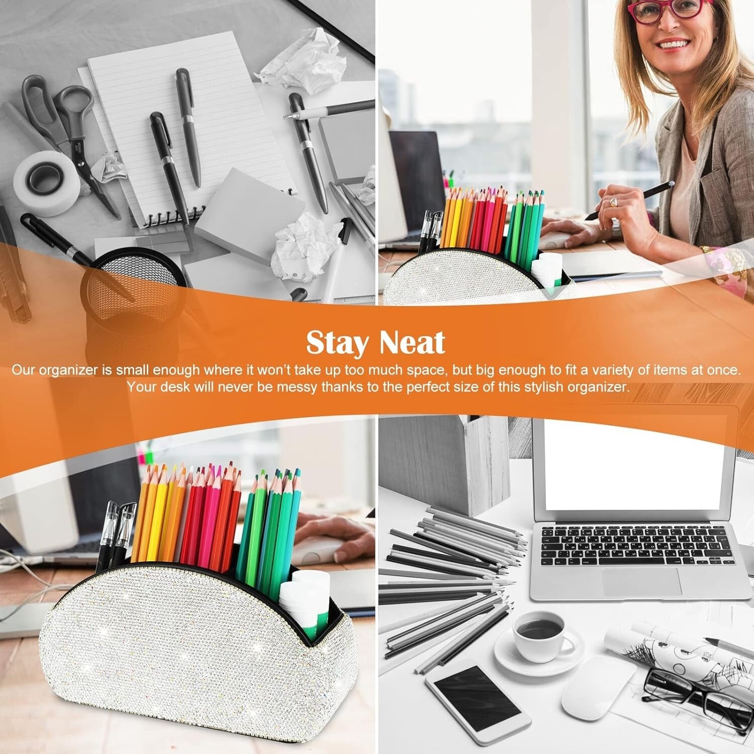 Elegant 5-Compartment Leather Organizer - Bling Crystal Luxury for Desk Storage