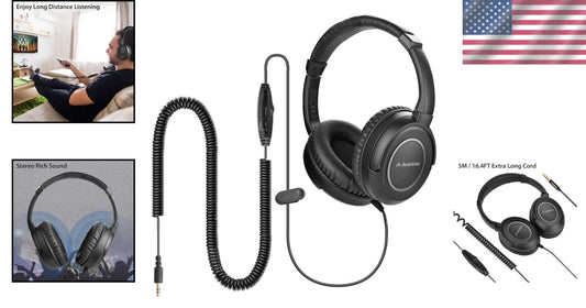 16.4ft Long Coiled Cord Headphones Over-Ear with Volume Control & Stereo Sound