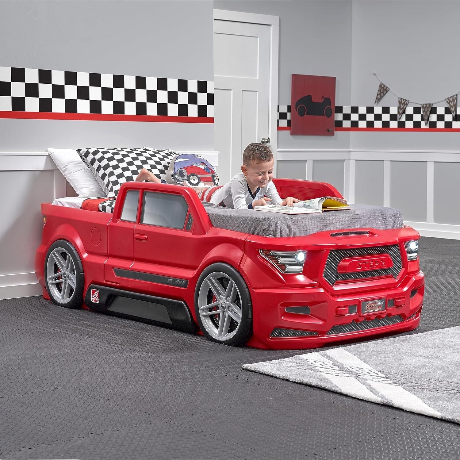 Vibrant Red Twin Car Bed with Working Headlights - Ideal for Creative Toddlers