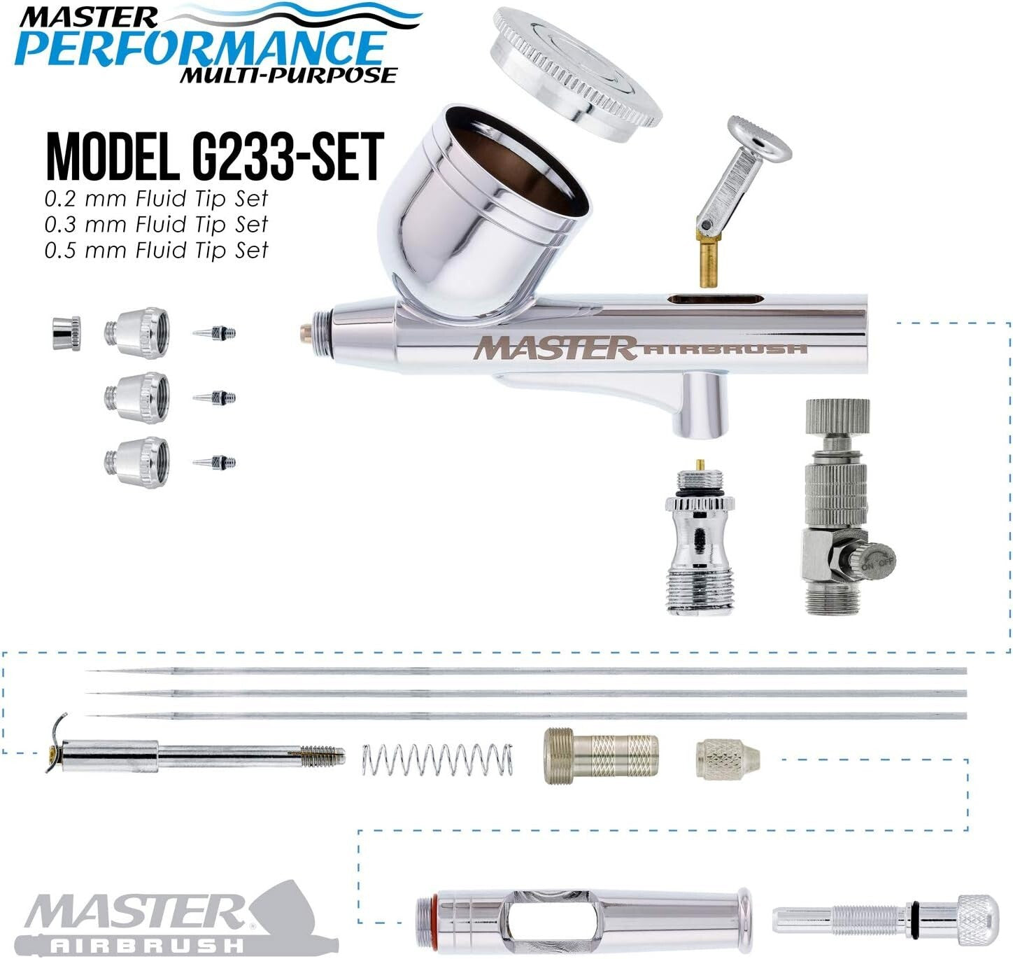 Professional G233 Airbrush Dual-Action Kit - 3 Nozzle Setup for All Applications
