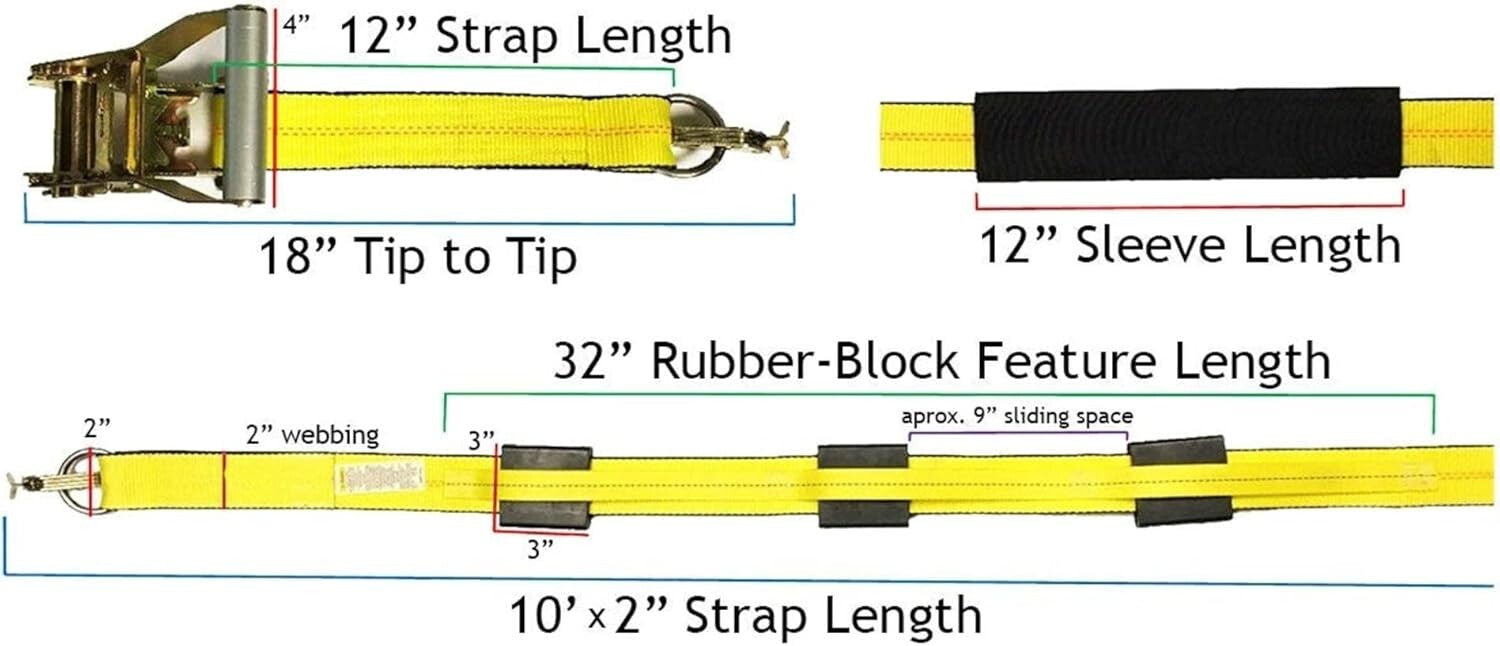 11' x 2" E-Track Car Straps - Secure 4-Pack with Rubber Blocks & Ratchets