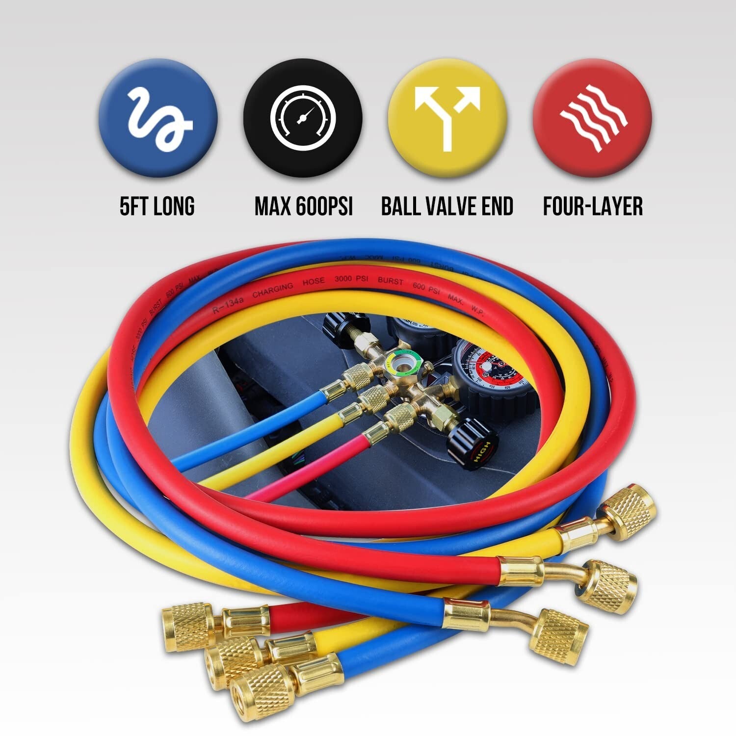 3-Way A/C Manifold Gauge Kit with 5FT Hoses - Easy Read Dials & Durable Design