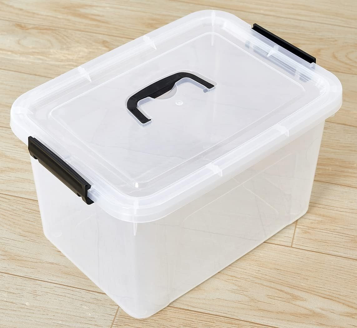 Minimalist 12 Quart Clear Storage Box Set with Latch Closure & Black Handles