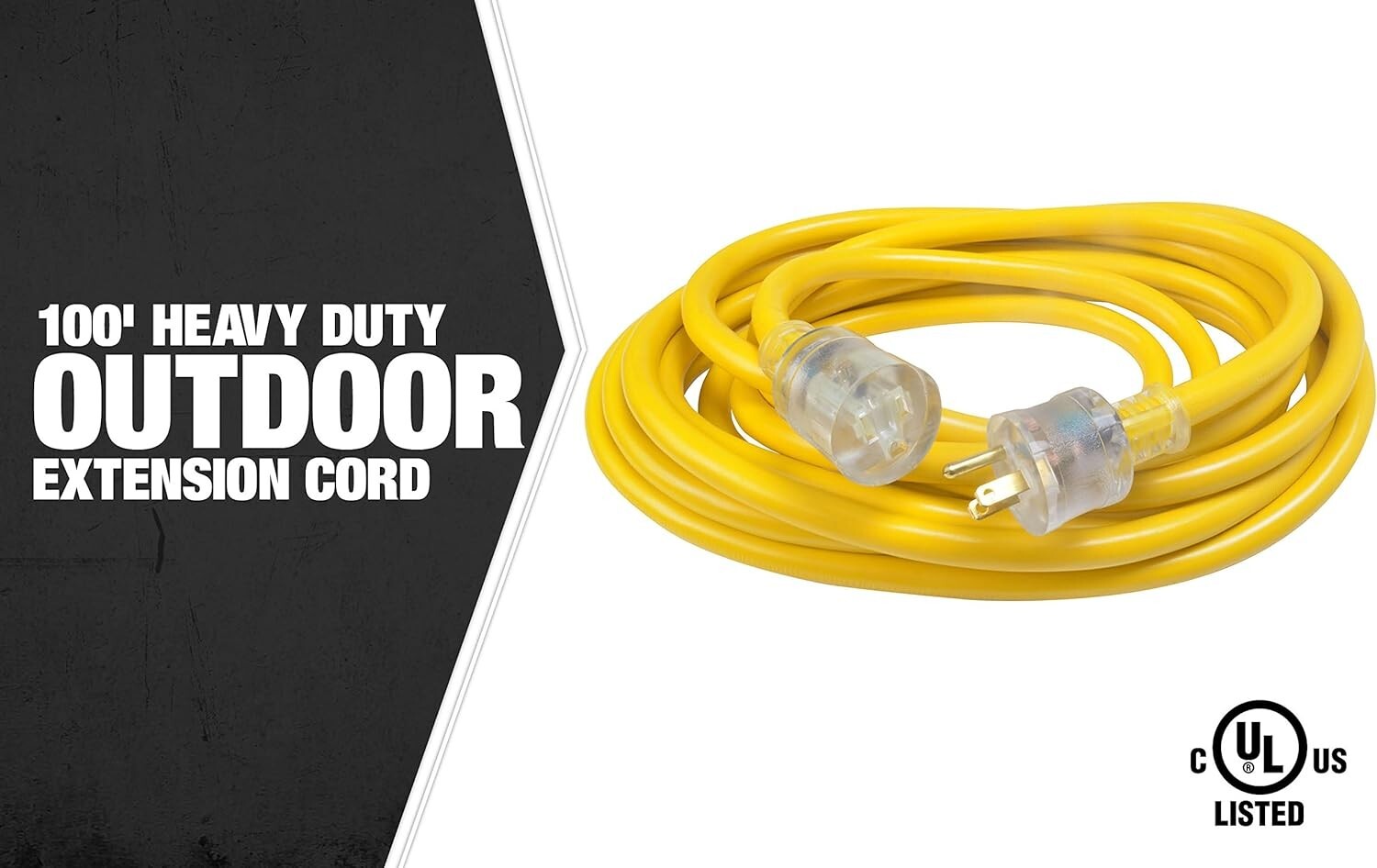 100Ft Outdoor Yellow Extension Cord, 10 Gauge with Strain Relief - High Capacity