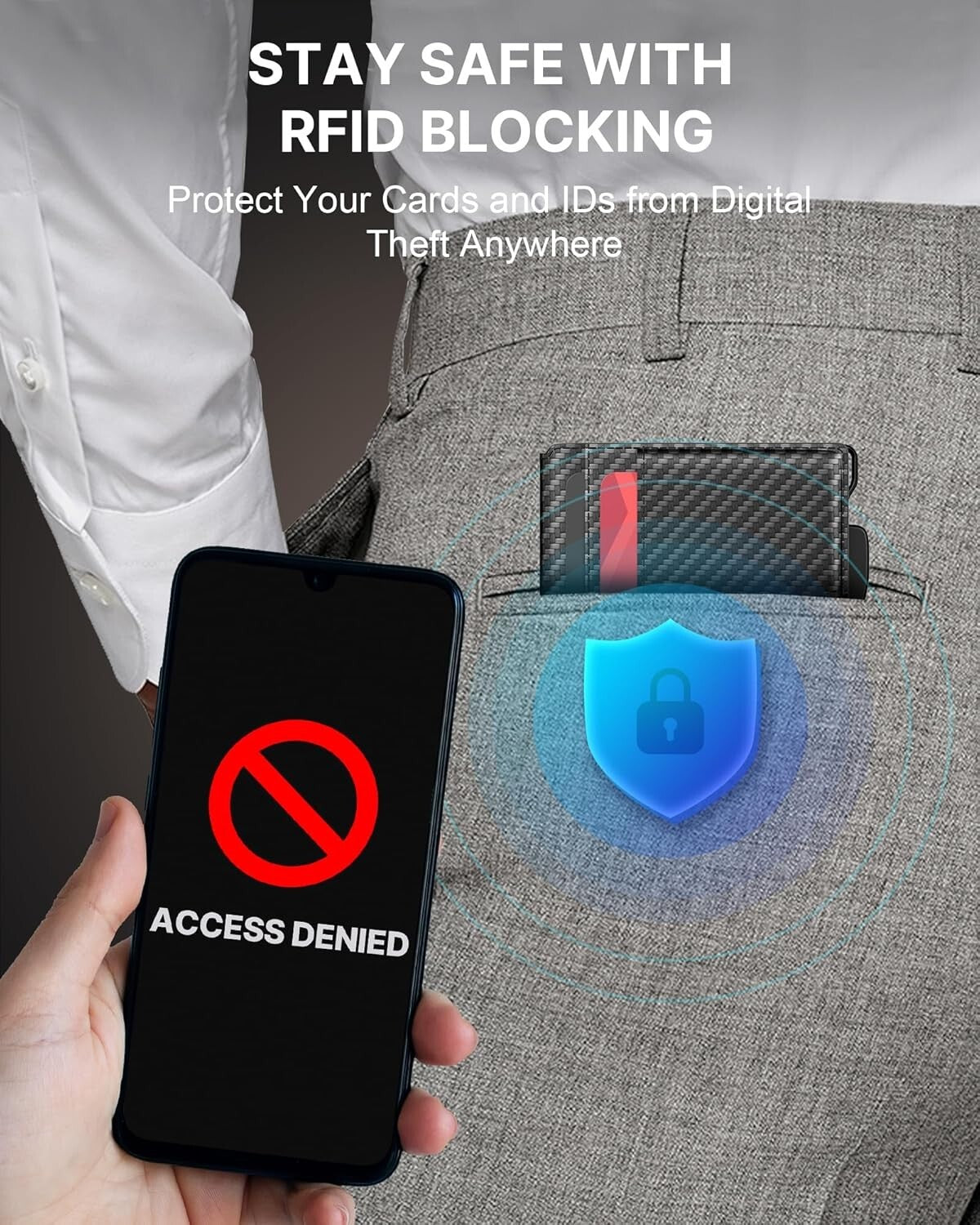 Carbon Fiber Black RFID-Blocking Slim Leather Wallet with Money Clip & Gift Box