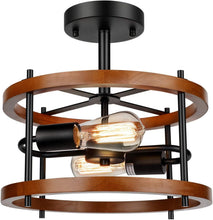 Load image into Gallery viewer, Rustic 2-Light Flush Mount in Vintage Wood &amp; Black Metal - Ideal for Any Room